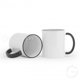 White mug with black rim and handle ETI