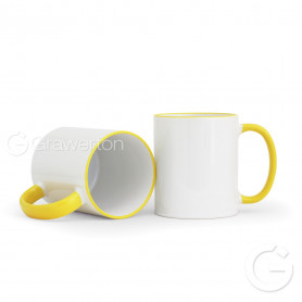 White mug with yellow rim and handle ETI