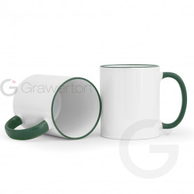 White mug with green rim and handle ETI