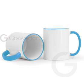 White mug with blue rim and handle ETI
