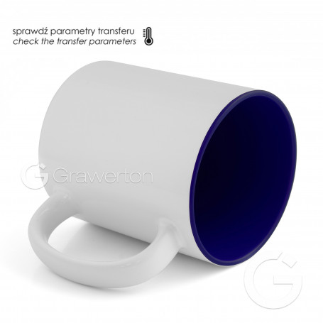 Sublimation mug with navy blue interior.