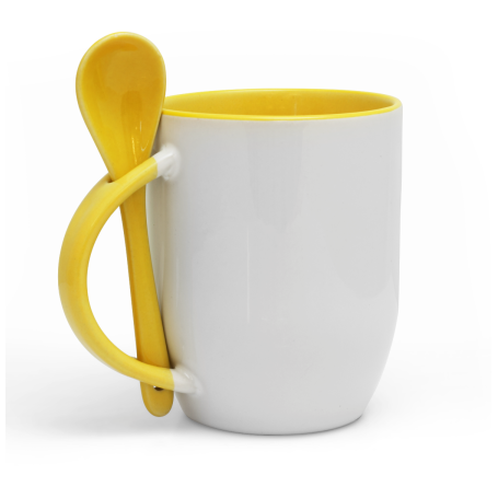 White mug for sublimation KAZO with yellow interior, handle and teaspoon