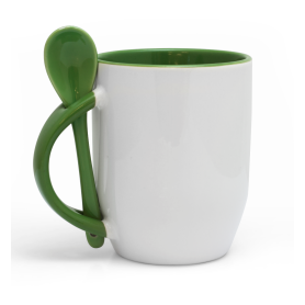 White mug for sublimation KAZO with green interior, handle and teaspoon