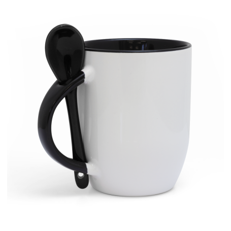 White mug for sublimation KAZO with black interior, handle and teaspoon