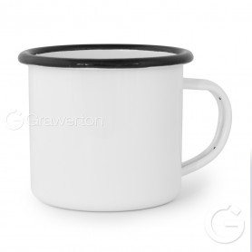 White enamelled mug with black rim