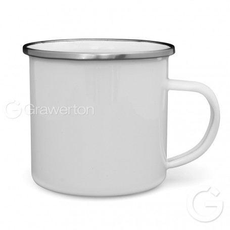 White enamelled mug with silver rim