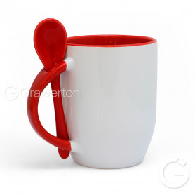 White mug KAZO with red interior, handle and teaspoon