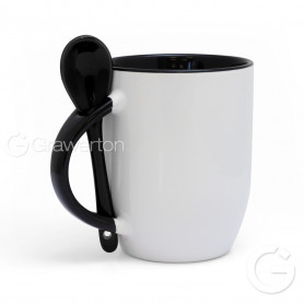 White mug KAZO with black interior, handle and teaspoon