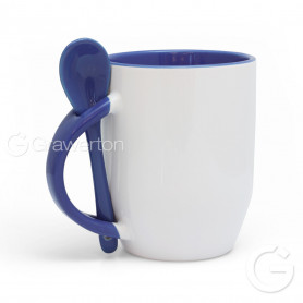 White mug for sublimation KAZO with blue interior, handle and teaspoon