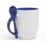 White mug KAZO with blue interior, handle and teaspoon