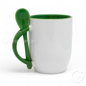 White mug KAZO with green interior, handle and teaspoon